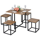 A square dining table with four stools arranged around it, ideal for dining or socializing.